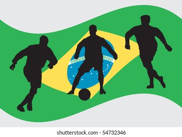 Soccer player silhouettes in front of Brazil flag