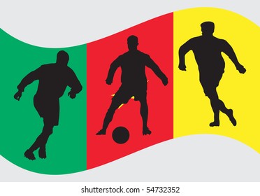 Soccer player silhouettes in front of Cameroon flag