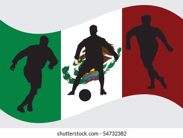 Soccer player silhouettes in front of Mexico flag