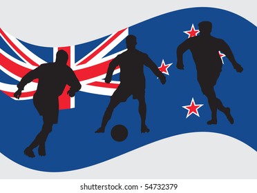 Soccer player silhouettes in front of New Zeeland flag