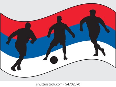 Soccer player silhouettes in front of Serbia flag