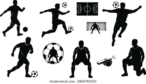 Soccer Player Silhouettes Set with Ball and Goalie Actions, Including Kick, Dribble and Stance Icons on White Background