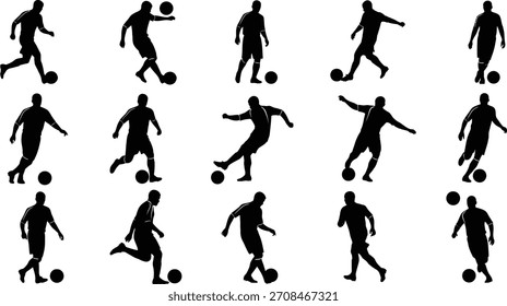 Siluetas de jugador de fútbol en varias poses driblando y pateando una pelota