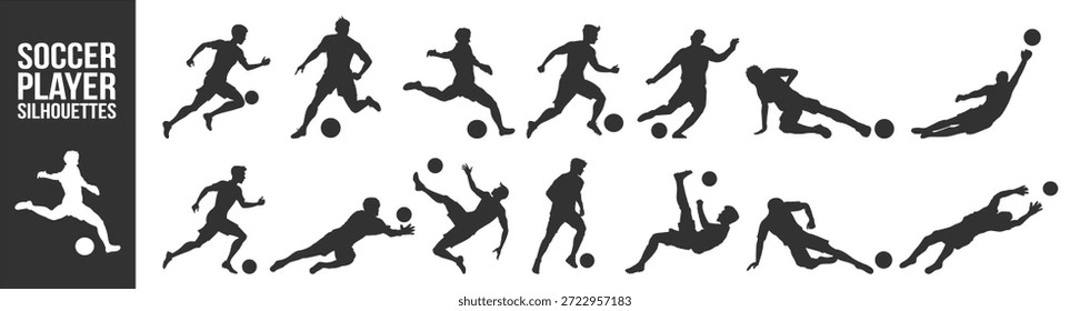 Jogo de ícone de vetor de silhuetas de jogador de futebol, atletas de futebol correndo driblando e chutando bola, coleção de ação de esportes dinâmicos em fundo transparente
