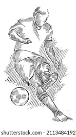 Soccer player sketch mastering the ball in black on white background