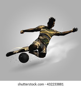 soccer player slide tackle ball on gray background