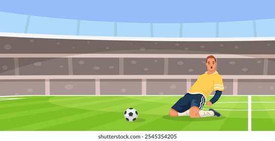Jogador de futebol deslizando no campo de grama no estádio. Ilustração vetorial