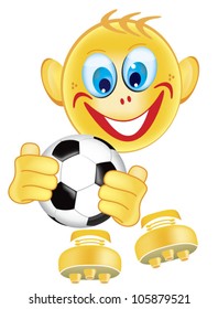 Soccer player Smiley with ball in hands isolated on white