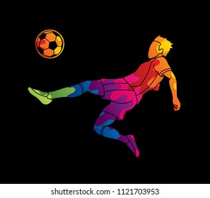 Soccer player somersault kick , overhead kick action designed using colorful graphic vector.