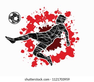 Soccer player somersault kick , overhead kick action designed on splatter color background graphic vector