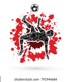 Soccer player somersault kick , overhead kick action designed on splatter ink graphic vector