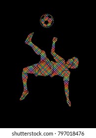 Soccer player somersault kick , overhead kick action designed using dots pixels graphic vector
