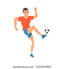 Soccer Player in Sports Uniform Kicking the Ball, Professional Athlete Character in Red T-shirt and Blue Shorts in Action Vector Illustration