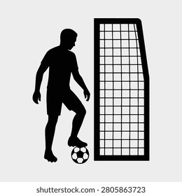 Soccer player standing with a ball next to the goal vector illustration