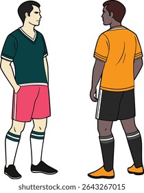 Soccer player standing with ball in stylish outfit vector illustration