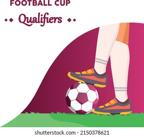 Soccer player standing with a football ball. Football Cup 2022. Flat vector illustration isolated on white background.