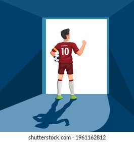 Soccer player standing in front door stadium ready to play match optimistic to win. concept in cartoon illustration vector