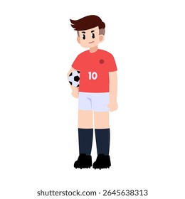 Um jogador de futebol de pé enquanto segura a bola