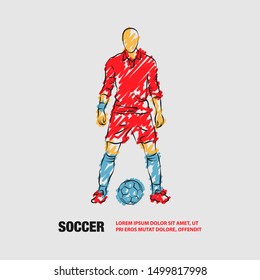 Soccer player stands near the ball and prepare for a kick. Vector outline of Soccer player with scribble doodles.