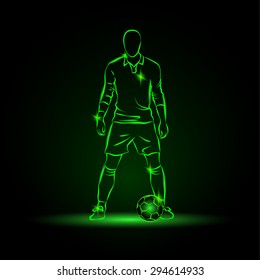 soccer player stands near the ball and prepare for a kick. neon style.