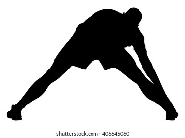 Soccer player stretching silhouette vector isolated on white background. High detailed football player silhouette cutout outlines. Strain, racking, warming up.