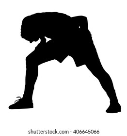Soccer player stretching silhouette vector isolated on white background. High detailed football player silhouette cutout outlines. Strain, racking, warming up.