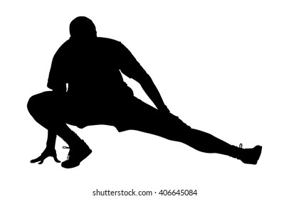 Soccer player stretching silhouette vector isolated on white background. High detailed football player silhouette cutout outlines. Strain, racking, warming up. Sport man preparing before game.