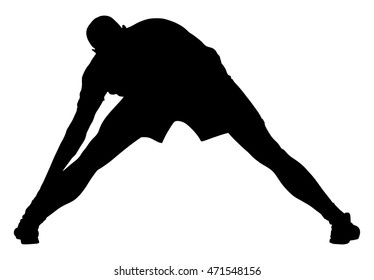 Soccer player stretching silhouette vector isolated on white background. High detailed football player silhouette cutout outlines. Strain, racking, warming up.
