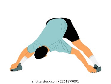 Soccer player stretching vector illustration isolated on white background. Sportsman warming up before football game. Strain racking on court. Sport boy workout in gym. Fit man exercise. 