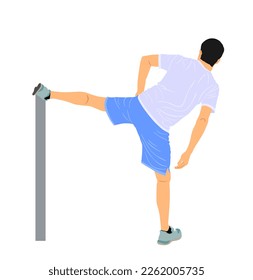 Soccer player stretching vector illustration isolated on white background. Sportsman warming up before football game. Strain racking on court. Sport boy workout in gym. Fit man exercise. 