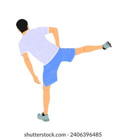 Soccer player stretching vector illustration isolated on white background. Sportsman warming up before football game. Strain racking on court. Sport boy workout in gym. Fit man exercise. 