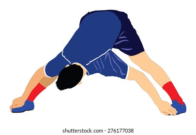 Soccer player stretching vector isolated on white background. High detailed football player cutout outlines. Strain, racking, warming up. Athlete sportsman  before match.