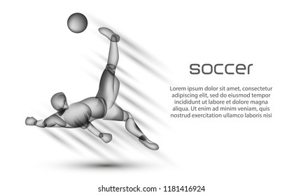 Soccer player striker hits the ball with an acrobatic bicycle kick. Football banner with a transparent black silhouette of a soccer player on a white background.
