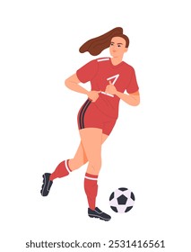 Soccer player. Strong girl athlete runs and kicks ball. Sports and activity. Woman plays in European football league, championship or competition. Flat vector illustration isolated on white background