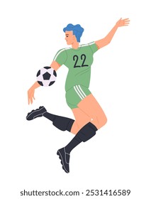 Jugador de fútbol. Mujer fuerte juega juego de fútbol europeo. Chica atleta corriendo y pateando pelota. Deportes y actividad. Ilustración vectorial plana aislada sobre fondo blanco