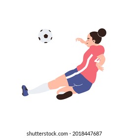 Soccer player tackle, hit or return ball. Female in uniform playing European football. Professional footballer in dynamic move. Flat vector illustration of sportsman isolated on  background