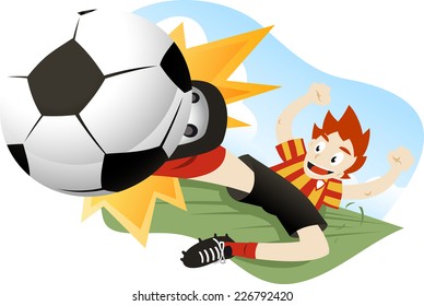 A soccer player tackling the ball.