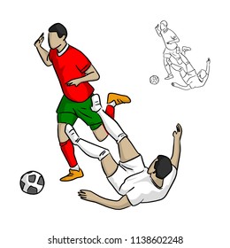 soccer player tackling the opponent in the game vector illustration sketch doodle hand drawn with black lines isolated on white background