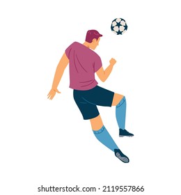 Soccer player throws the ball up in the air, flat vector illustration isolated on white background. Professional football male player kicks the ball.