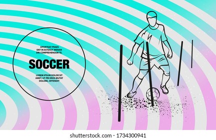 Soccer player training with ball between the sticks. Vector outline of Soccer player sport illustration.