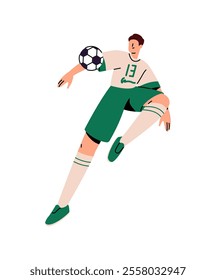 Soccer player training to kick, hit, bounce ball with his foot. Professional sportsman in uniform plays football match, sport game championship. Flat isolated vector illustration on white background