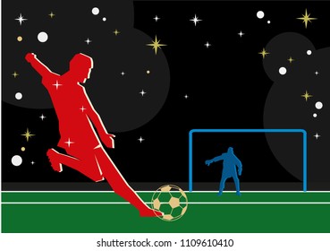 A soccer player tries to make a score with camera flashes in the arena background