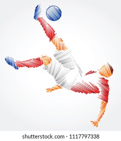 Soccer player trying to kick the ball made of colorful brushstrokes on light background