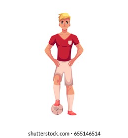 Soccer player in uniform standing with one foot on football ball, cartoon vector illustration isolated on white background. Professional soccer player standing upright with one foot on football ball