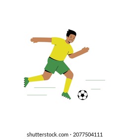 Soccer player vector illustration. Flat character - young man wearing football uniform - running with ball. Activity, team sports, competition, game concepts.