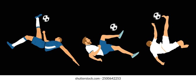 Ilustración vectorial del jugador de fútbol aislado en el fondo. Tijera se mueve en el juego de fútbol. Atracción deportiva. Diversión con la pelota. Muchacho fútbol de movimiento eficaz. Espectáculo para el público. Hombre del deporte atractivo truco