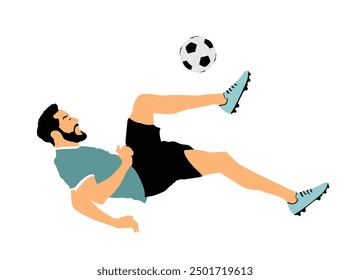 Ilustración vectorial del jugador de fútbol aislado en el fondo. Tijera se mueve en el juego de fútbol. Atracción deportiva. Diversión con la pelota. Muchacho fútbol de movimiento eficaz. Espectáculo para el público. Hombre del deporte atractivo truco