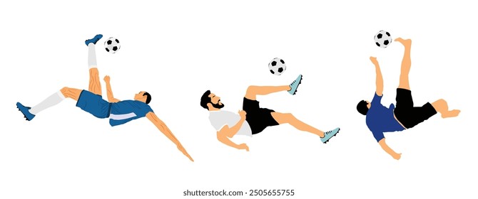 Ilustración vectorial del jugador de fútbol aislado en el fondo. Tijera se mueve en el juego de fútbol. Atracción deportiva. Diversión con la pelota. Muchacho fútbol de movimiento eficaz. Espectáculo para el público. Hombre del deporte atractivo truco