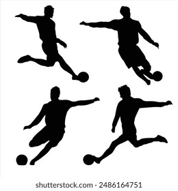 Soccer Player Vector Illustration Set, Black and White Silhouettes. Collection of Different Football Player Poses, Perfect for Logos, Designs, and More.