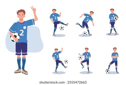 Soccer player vector set in flat style. Depicts athletes in uniform performing actions like kicking, passing, and defending.